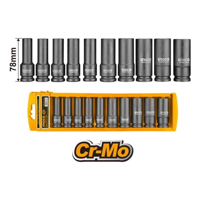 Premium Quality HKISSD12102L 10 Pieces 1/2 inches Deep Impact Socket Set - Silver