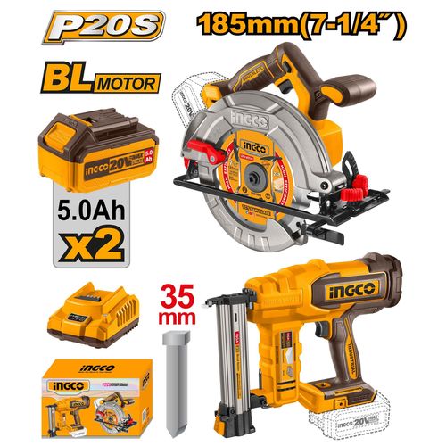 Reliable Elite COSLI240866 Cordless 20V Circular Saw 7.25" + Brad Nailer 35mm + 2 Battery - Brown & Yellow