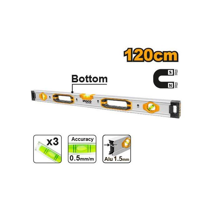 Commercial-Grade HSL38120M Spirit Level With Powerful Magnets 120cm - Black, Grey & Yellow