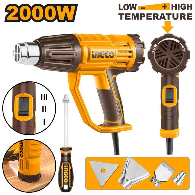 Durable Quality Heat Gun 2000W with Adjustable Temperature & 4 Nozzles – Yellow/ Brown