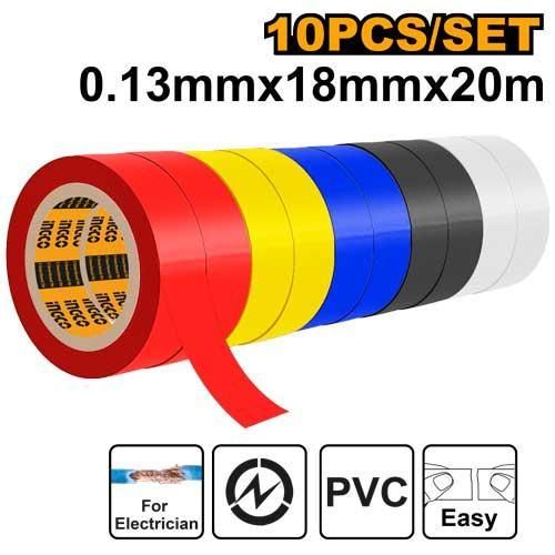 Heavy-Duty HPET1013 PVC Insulating Tape 10pcs 5 Colors - Red, Yellow, Blue, Black, White