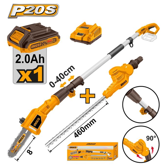 Premium Precision CPTS201681 Cordless Pole Saw With Pole Hedge Trimmer - Black & Yellow