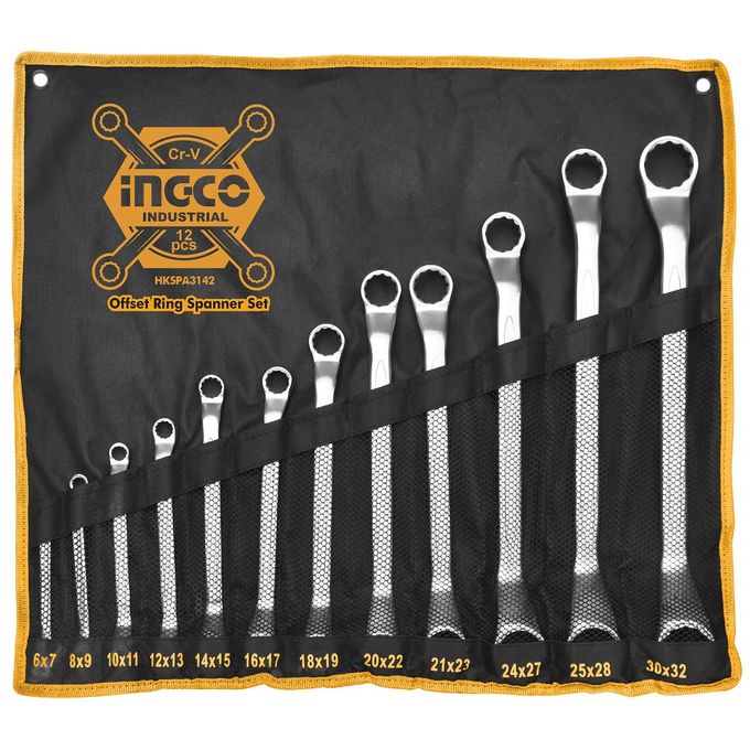 Heavy-Duty Robust HKSPA3142 12 Piece Offset Ring Spanner Set - Yellow