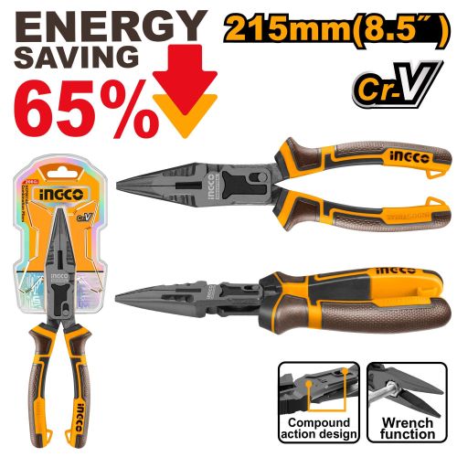 Durable Heavy-Duty HCLNP58200 Compound Action Long Nose Pliers - Black & Yellow